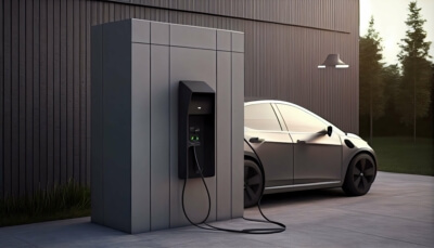 E-Fahrzeug an privater Ladestation vor Wohngebäude Privates Elektroauto wird an einer Haus-Ladestation aufgeladen
