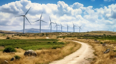 Windräder in ländlicher Gegend in Niedersachsen Windkraftanlagen auf niedersächsischem Land zur Umsetzung des Windenergiebeschleunigungsgesetzes.