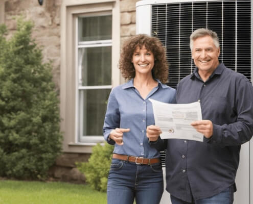 Zufriedene Kundin mit Energieberater vor neuer Wärmepumpe