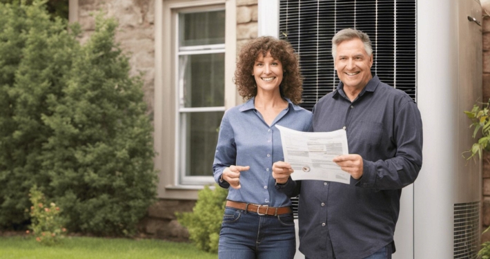 Zufriedene Kundin mit Energieberater vor neuer Wärmepumpe