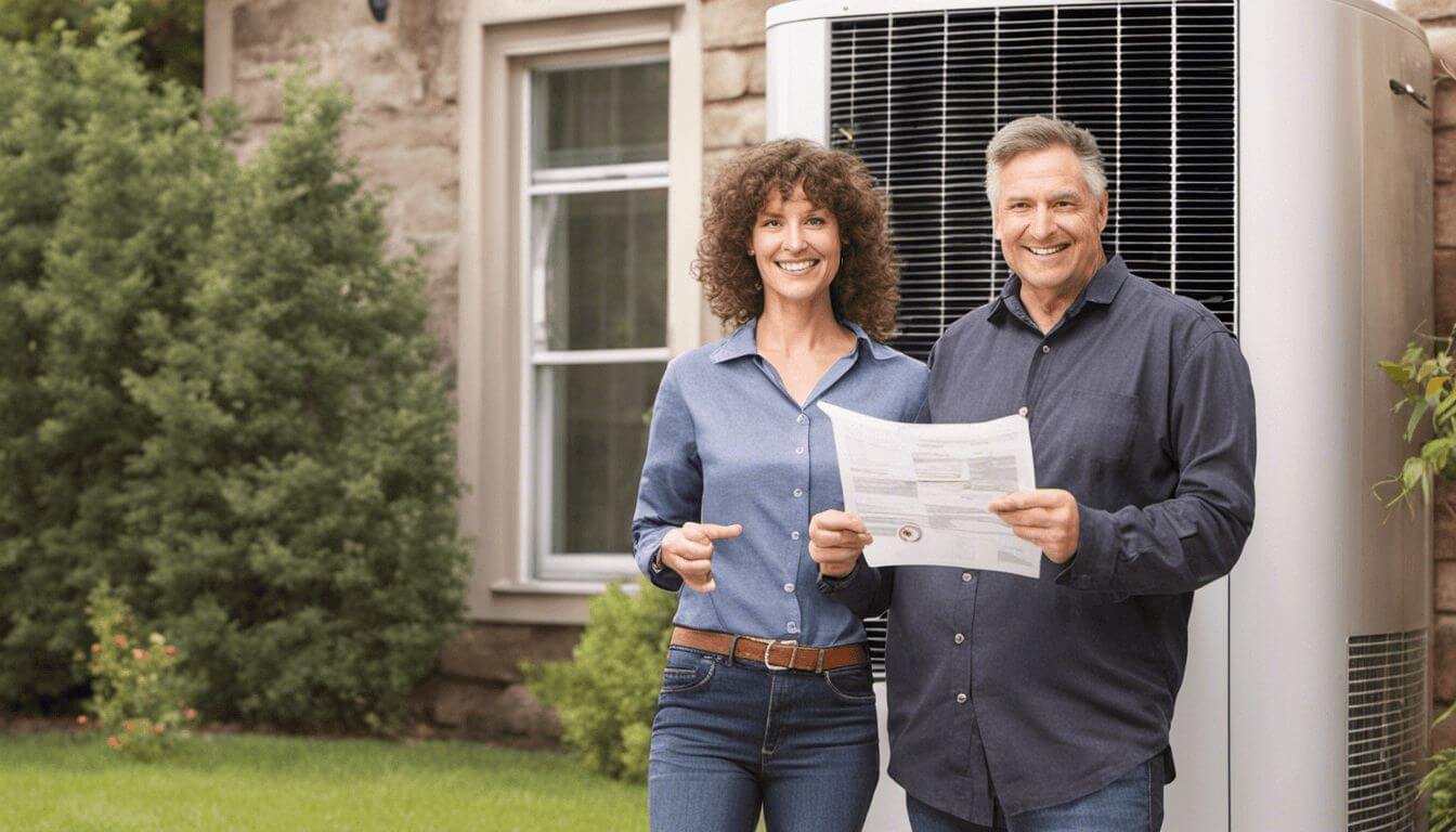 Zufriedene Kundin mit Energieberater vor neuer Wärmepumpe