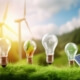 Glühbirnen auf Gras vor Windrädern, Visualisierung der Energieeffizienzziele des deutschen EnEfG