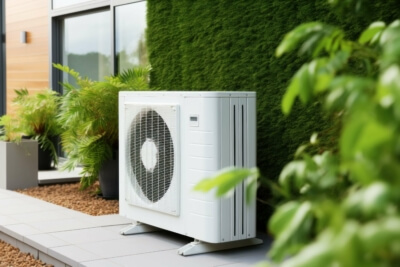 Außen aufgestellte Luft-Wärmepumpe in einem nachhaltigen Wohnquartier, gefördert durch Bundesmittel bis 2023