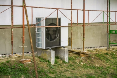 Installation einer modernen Wärmepumpe als Teil einer energetischen Sanierung Installation einer Wärmepumpe an einer sanierten Hauswand im Rahmen einer energetischen Sanierung