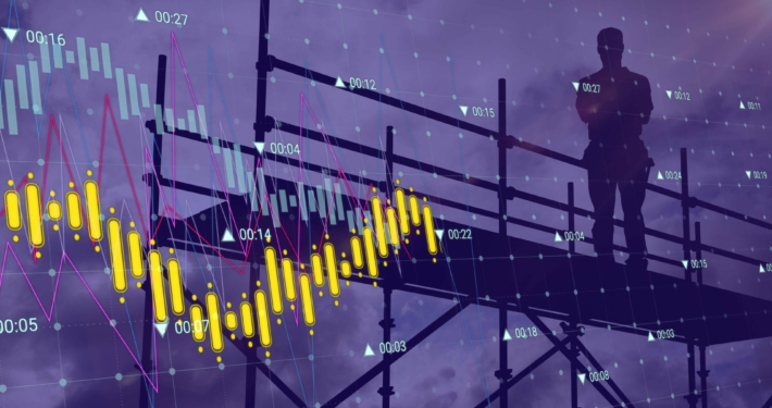 Grafik eines Energiemanagementsystems mit Energiedaten und einem silhouettierten Mitarbeiter, symbolisch für die ISO 50001 Zertifizierung und nachhaltiges Energiemanagement