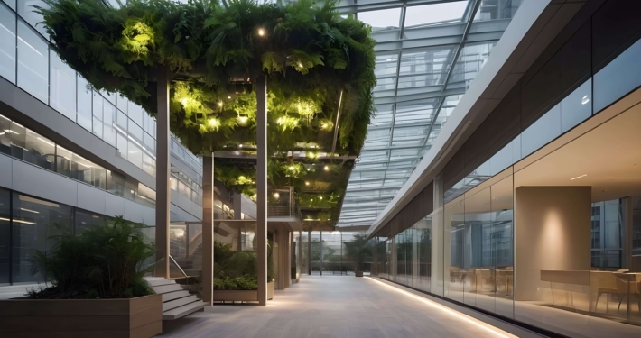 Innenansicht eines energieeffizienten Bürogebäudes mit begrünten Decken und moderner LED-Beleuchtung, Fokus auf Nachhaltigkeit und Kostensenkung