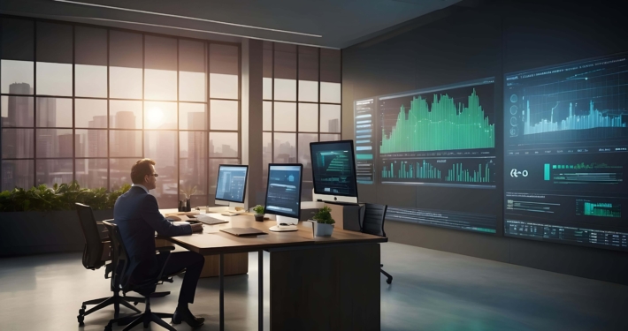 Ein Mann in einem modernen Büro analysiert Nachhaltigkeitsdaten auf mehreren Monitoren und einem großen Bildschirm mit ESG-Diagrammen.