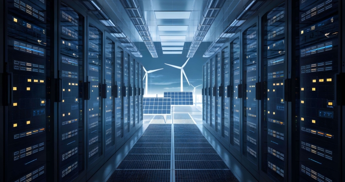 Modernes, energieeffizientes Rechenzentrum mit Serverschränken, innovativer Flüssigkeitskühlung sowie Solarpanels und Windkraftanlagen im Hintergrund.