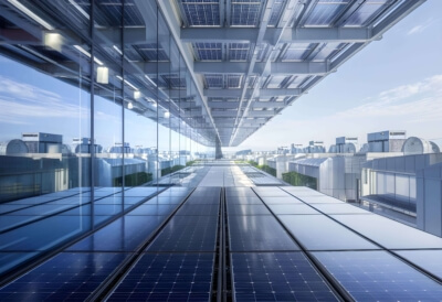 Energieeffizientes Industriegebäude mit Photovoltaikanlagen und moderner Gebäudetechnik zur nachhaltigen Energieoptimierung Industriegebäude mit Solarpaneelen auf dem Dach, Glasfassaden und nachhaltiger Gebäudetechnik zur Energieeinsparung