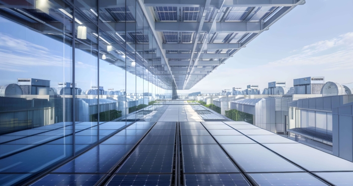 Industriegebäude mit Solarpaneelen auf dem Dach, Glasfassaden und nachhaltiger Gebäudetechnik zur Energieeinsparung