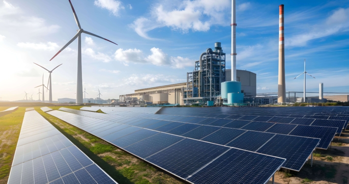 Moderne Industrieanlage mit Solarpanels und Windrädern zur Unterstützung einer nachhaltigen Energieversorgung