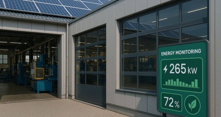 Produktionshalle eines mittelständischen Unternehmens mit Solarpaneelen auf dem Dach und Anzeige für Energie-Monitoring im Vordergrund