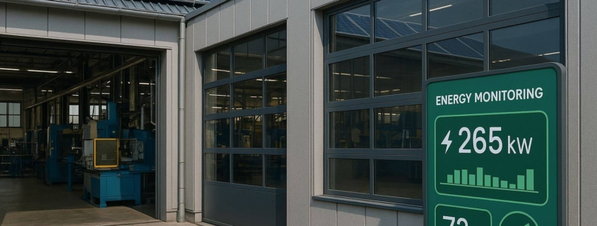 Produktionshalle eines mittelständischen Unternehmens mit Solarpaneelen auf dem Dach und Anzeige für Energie-Monitoring im Vordergrund