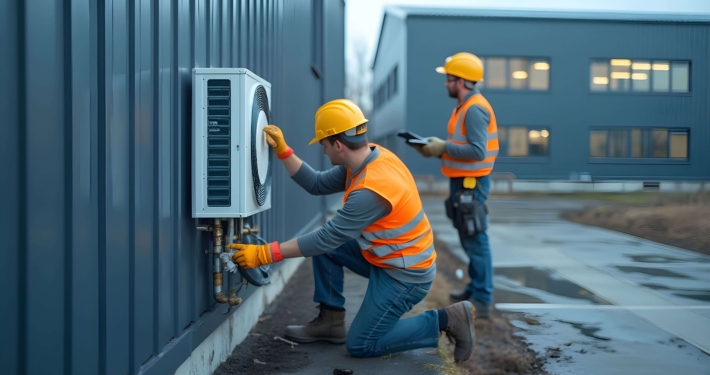 Techniker montieren eine Luft-Wasser-Wärmepumpe an einem Firmengebäude als Teil einer energetischen Sanierung