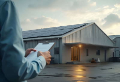 Energieberater mit Klemmbrett vor Gewerbegebäude mit Photovoltaikanlage bei Tageslicht