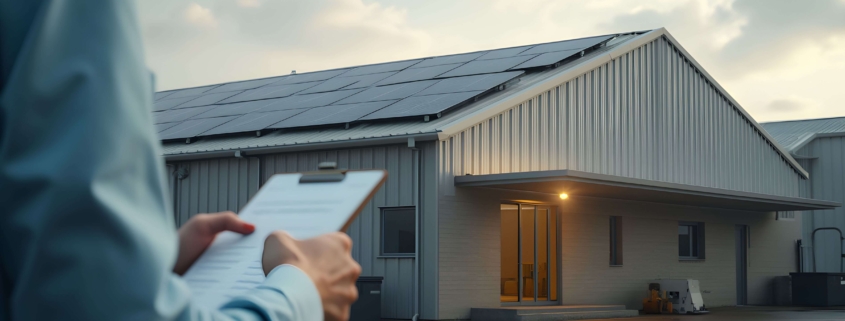 Energieberater mit Klemmbrett vor Gewerbegebäude mit Photovoltaikanlage bei Tageslicht