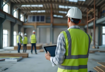 Energieberater mit Tablet bei der baubegleitenden Qualitätskontrolle eines Neubaus