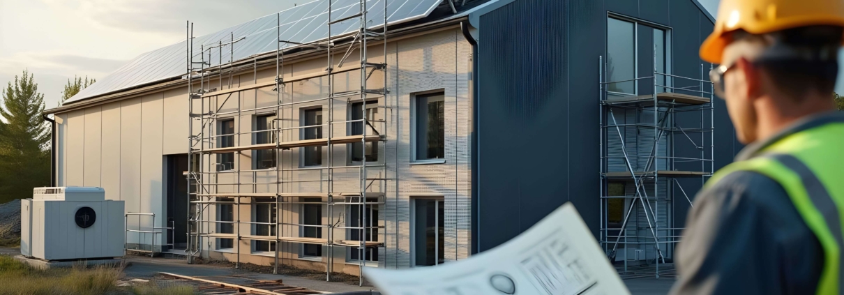 Energieberater mit Bauplan vor einem sanierten Gewerbegebäude mit Photovoltaikanlage und Wärmepumpe