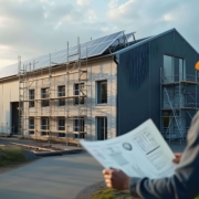 Energieberater mit Bauplan vor einem sanierten Gewerbegebäude mit Photovoltaikanlage und Wärmepumpe