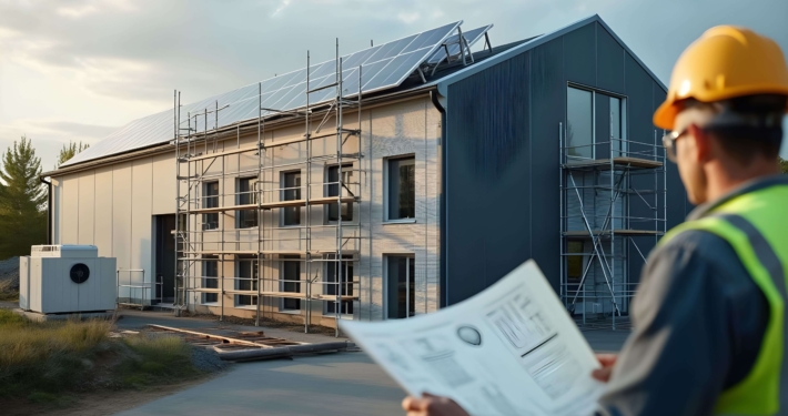 Energieberater mit Bauplan vor einem sanierten Gewerbegebäude mit Photovoltaikanlage und Wärmepumpe