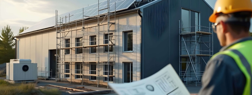 Energieberater mit Bauplan vor einem sanierten Gewerbegebäude mit Photovoltaikanlage und Wärmepumpe