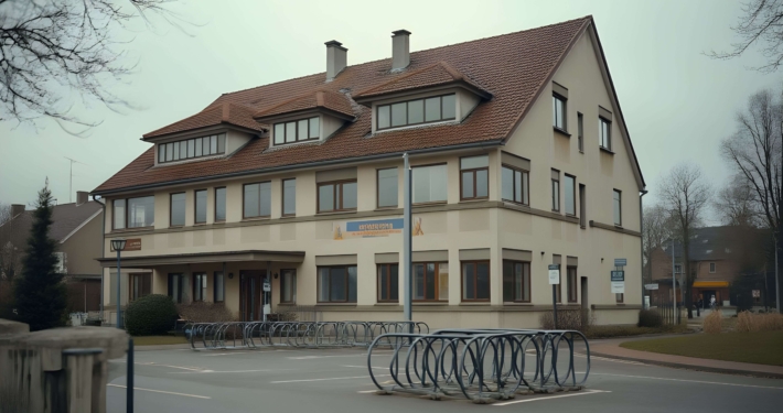 Außenansicht eines kommunalen Verwaltungsgebäudes in Baden-Württemberg mit Fahrradständern im Vordergrund