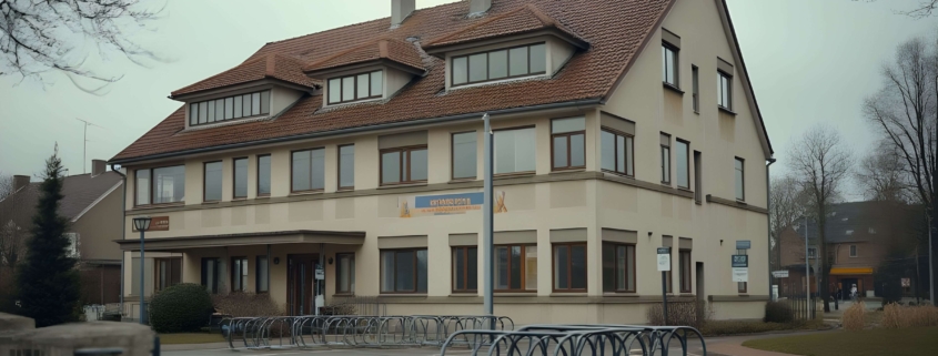 Außenansicht eines kommunalen Verwaltungsgebäudes in Baden-Württemberg mit Fahrradständern im Vordergrund
