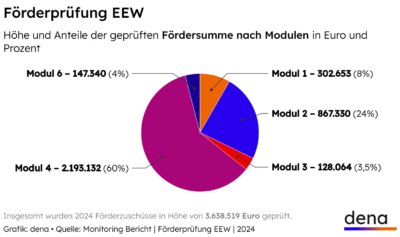 Tortengrafik zeigt die Höhe der geprüften EEW-Fördermittel 2024 nach Modulen mit Schwerpunkt auf Modul 4 für energieeffiziente Anlagen