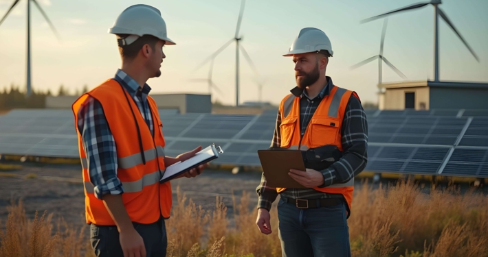 Zwei Energieberater mit Schutzhelmen und Klemmbrettern stehen vor Solarpaneelen und Windrädern auf einem Firmengelände
