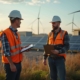Zwei Energieberater mit Schutzhelmen und Klemmbrettern stehen vor Solarpaneelen und Windrädern auf einem Firmengelände