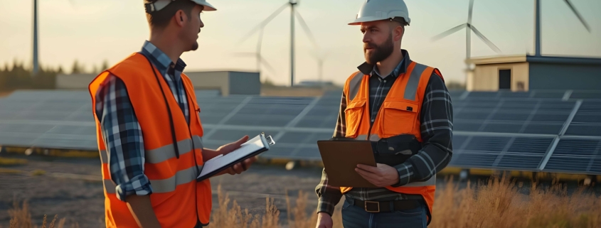 Zwei Energieberater mit Schutzhelmen und Klemmbrettern stehen vor Solarpaneelen und Windrädern auf einem Firmengelände