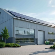 Modernes Industriegebäude mit Solarpanels auf dem Dach, umgeben von Grünanlagen, als Beispiel für energieeffiziente Unternehmensmodernisierung