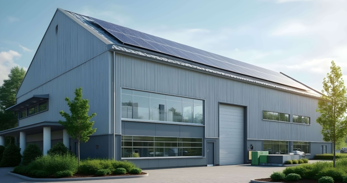 Modernes Industriegebäude mit Solarpanels auf dem Dach, umgeben von Grünanlagen, als Beispiel für energieeffiziente Unternehmensmodernisierung