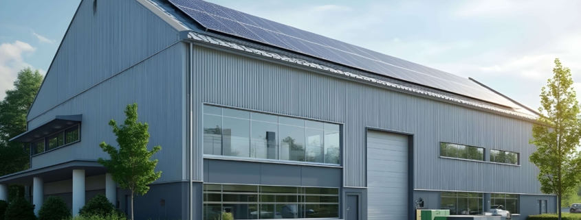 Modernes Industriegebäude mit Solarpanels auf dem Dach, umgeben von Grünanlagen, als Beispiel für energieeffiziente Unternehmensmodernisierung