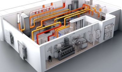 Visualisierung der Technischen Gebäudeausrüstung mit Rohrleitungen und Anlagentechnik für energieeffiziente Gebäudeplanung