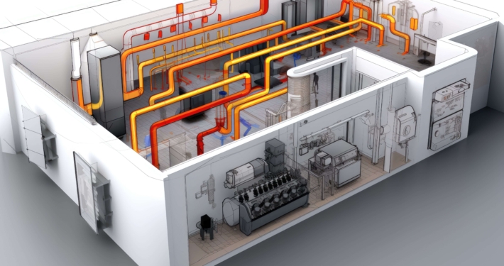 Visualisierung der Technischen Gebäudeausrüstung mit Rohrleitungen und Anlagentechnik für energieeffiziente Gebäudeplanung