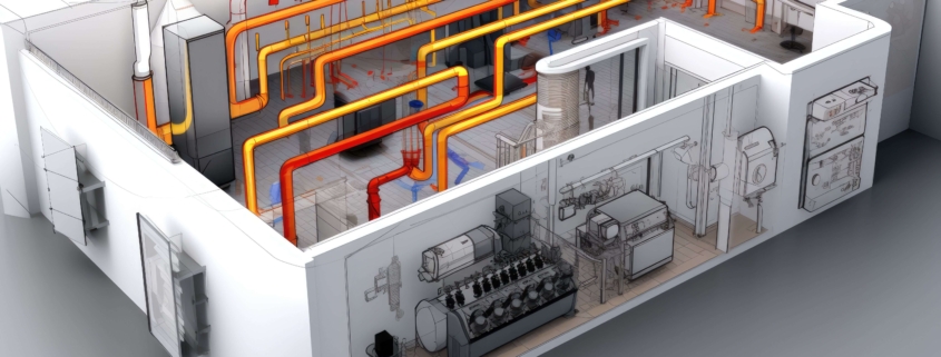 Visualisierung der Technischen Gebäudeausrüstung mit Rohrleitungen und Anlagentechnik für energieeffiziente Gebäudeplanung