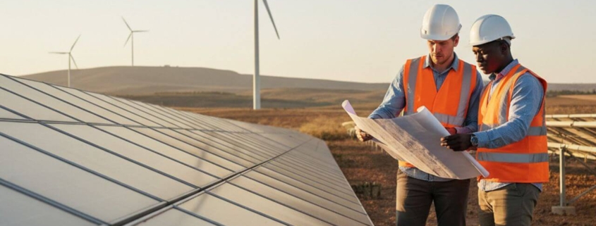 Zwei Ingenieure mit Bauplänen an einer Solaranlage vor Windrädern als Symbol für Afrikas Energiewende und EU-Investitionen