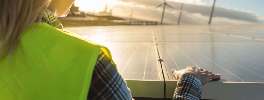 Energieberaterin mit Sicherheitsweste prüft Solaranlage bei Sonnenuntergang, Windkraftanlagen im Hintergrund