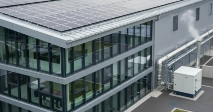 Gebäude eines mittelständischen Unternehmens mit Photovoltaik-Anlage auf dem Dach und technischer Energieinfrastruktur