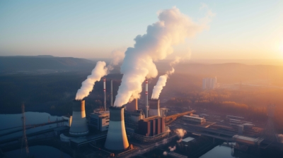 Kühltürme einer Industrieanlage mit aufsteigendem Dampf bei Sonnenuntergang, Symbol für energieintensive Produktion und CO₂-Debatte
