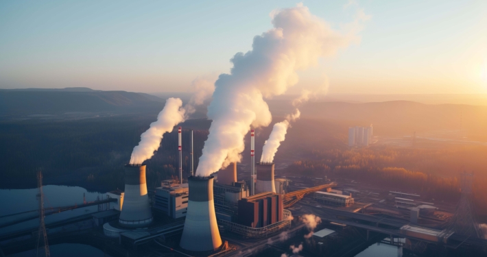 Kühltürme einer Industrieanlage mit aufsteigendem Dampf bei Sonnenuntergang, Symbol für energieintensive Produktion und CO₂-Debatte