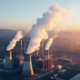 Kühltürme einer Industrieanlage mit aufsteigendem Dampf bei Sonnenuntergang, Symbol für energieintensive Produktion und CO₂-Debatte