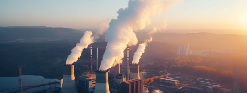 Kühltürme einer Industrieanlage mit aufsteigendem Dampf bei Sonnenuntergang, Symbol für energieintensive Produktion und CO₂-Debatte
