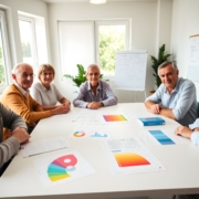 Gruppe von Wohnungseigentümern bespricht Energieeffizienzmaßnahmen mit Förderunterlagen auf dem Tisch