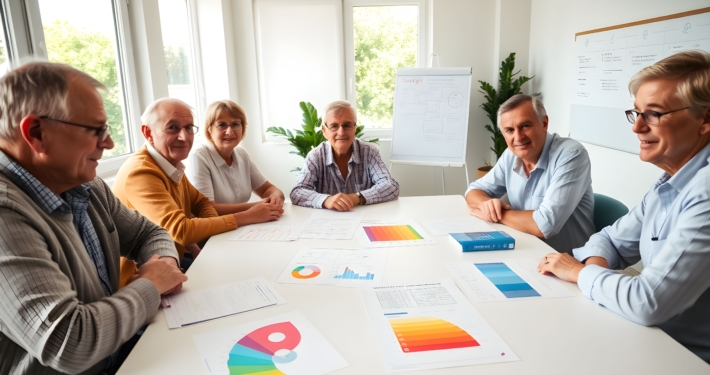 Gruppe von Wohnungseigentümern bespricht Energieeffizienzmaßnahmen mit Förderunterlagen auf dem Tisch