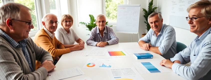 Gruppe von Wohnungseigentümern bespricht Energieeffizienzmaßnahmen mit Förderunterlagen auf dem Tisch