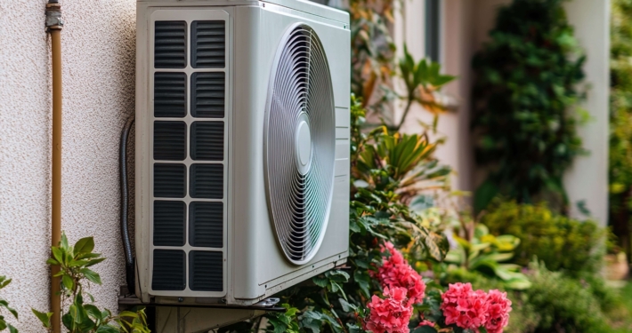 Außenansicht einer modernen Wärmepumpe an einem Wohnhaus mit Gartenbepflanzung