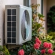Außenansicht einer modernen Wärmepumpe an einem Wohnhaus mit Gartenbepflanzung