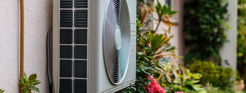 Außenansicht einer modernen Wärmepumpe an einem Wohnhaus mit Gartenbepflanzung